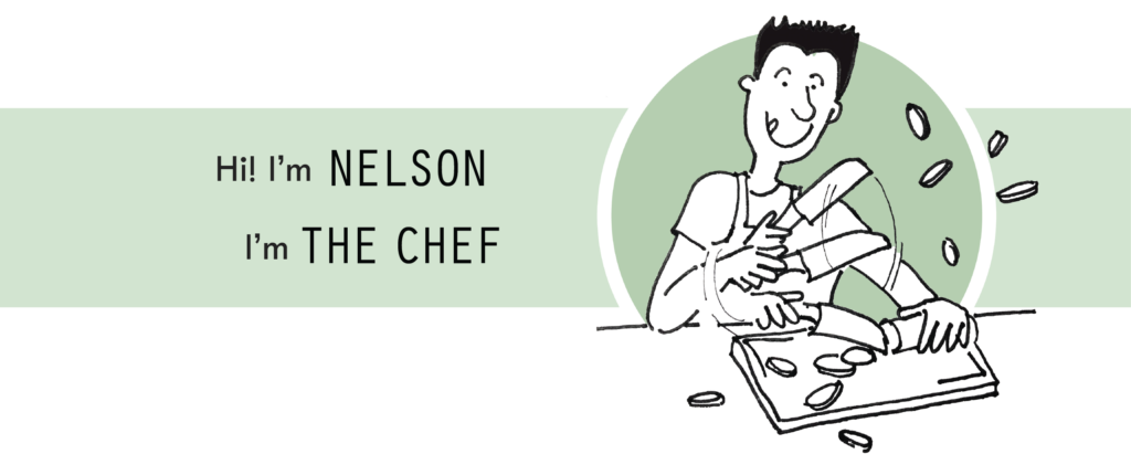 Illustration of Nelson for about us page, with the text "Hi! I'm Nelson. I'm the chef" behind love from the chef