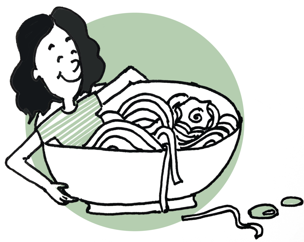 Illustration of the chef's wife lying in a bathtub size bowl of noodles