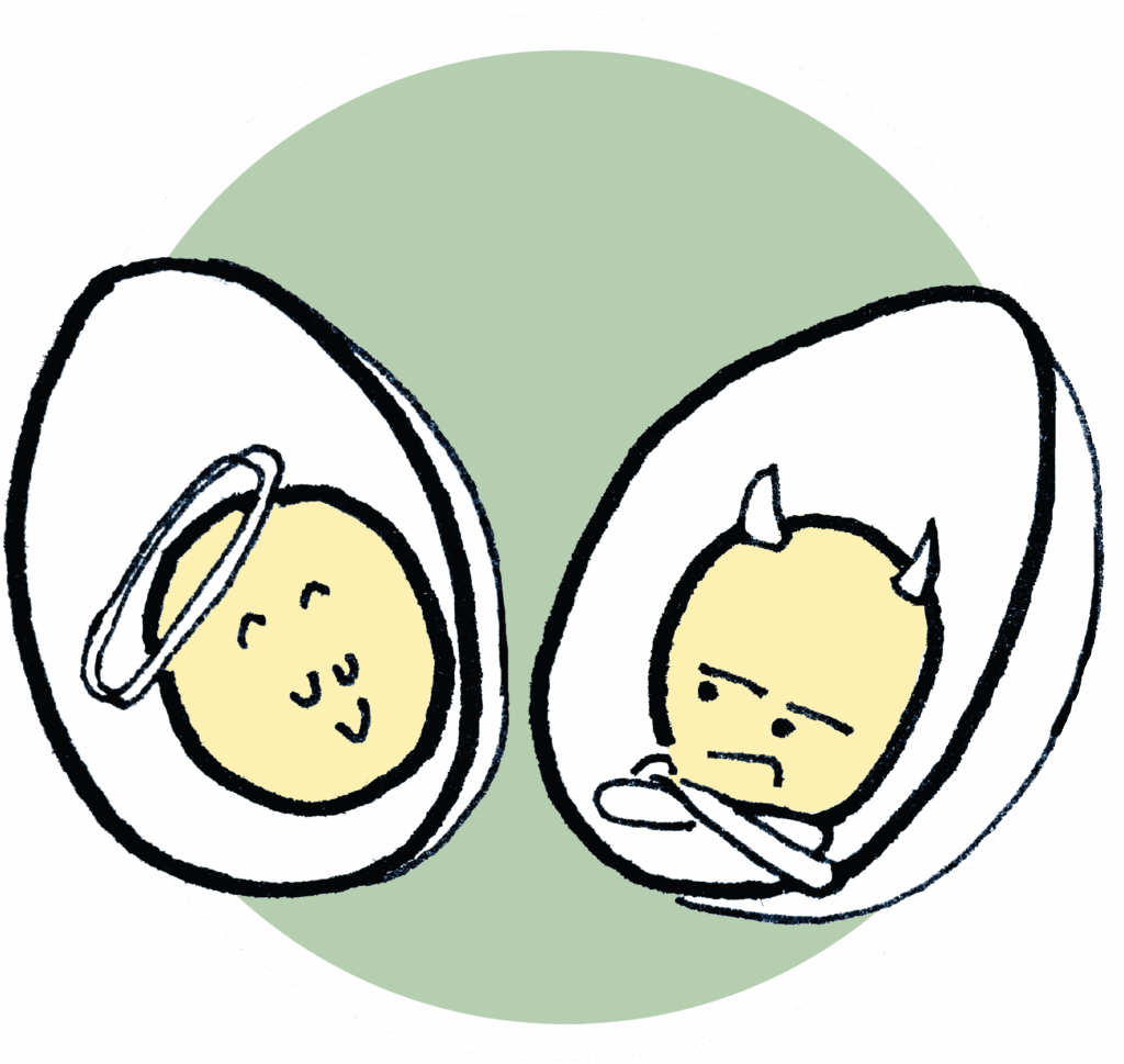 Illustration of a devil and an angel boiled egg