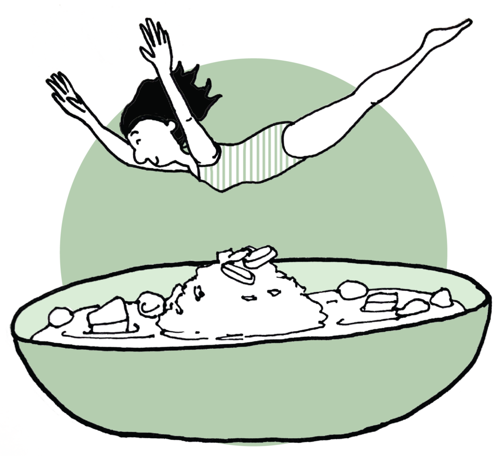 illustration of a girl in a striped bathing suit swan diving into a giant bowl of Japanese curry rice