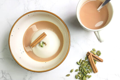 Vanilla Chai spiced pannacotta in a bowl with chai sauce