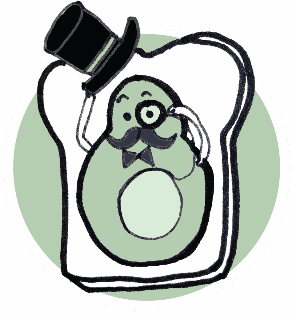 Illustration of Avocado on toast wearing a top hat and monacle