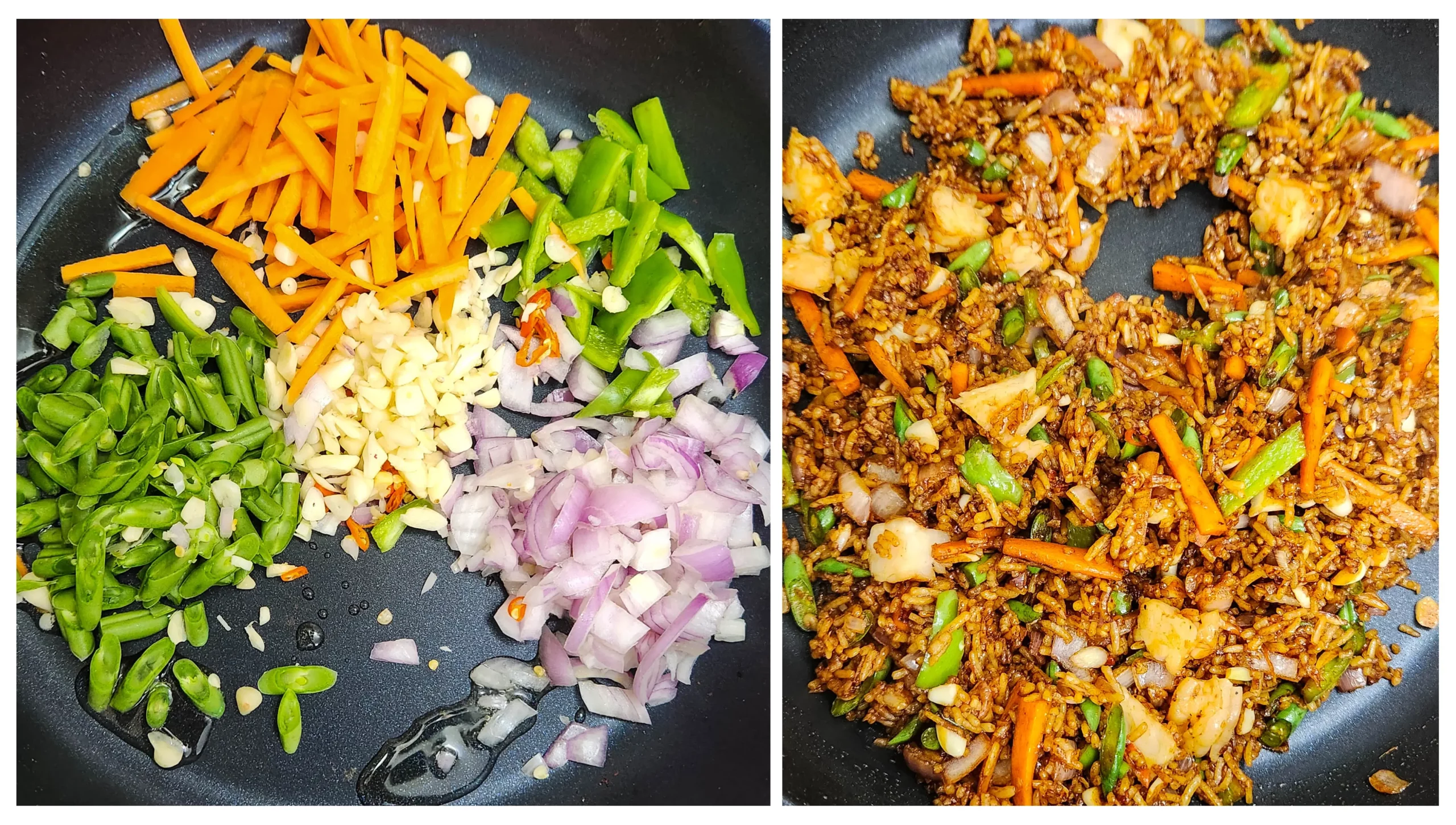 Nasi Goreng - Indonesian fried rice ingredients in a pan - soy sauce, sweet soy sauce, white rice, carrots, beans, tomatoes, prawns, chillies, onions