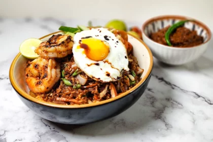 Nasi Goreng Indonesian fried rice in a bowl with prawns, cherry tomatoes, cucumbers, lime and a fried egg, sambal terasi