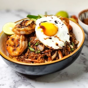 Nasi Goreng Indonesian fried rice in a bowl with prawns, cherry tomatoes, cucumbers, lime and a fried egg, sambal terasi