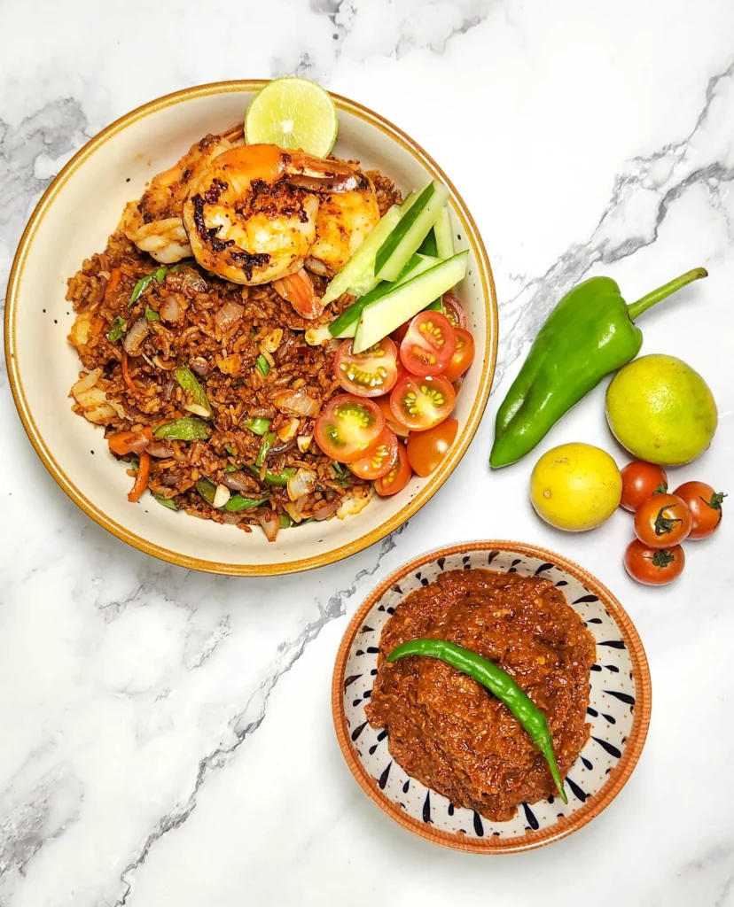 Nasi Goreng - Indonesian fried rice in a bowl with prawns, cherry tomatoes, cucumbers, lime, sambal terasi