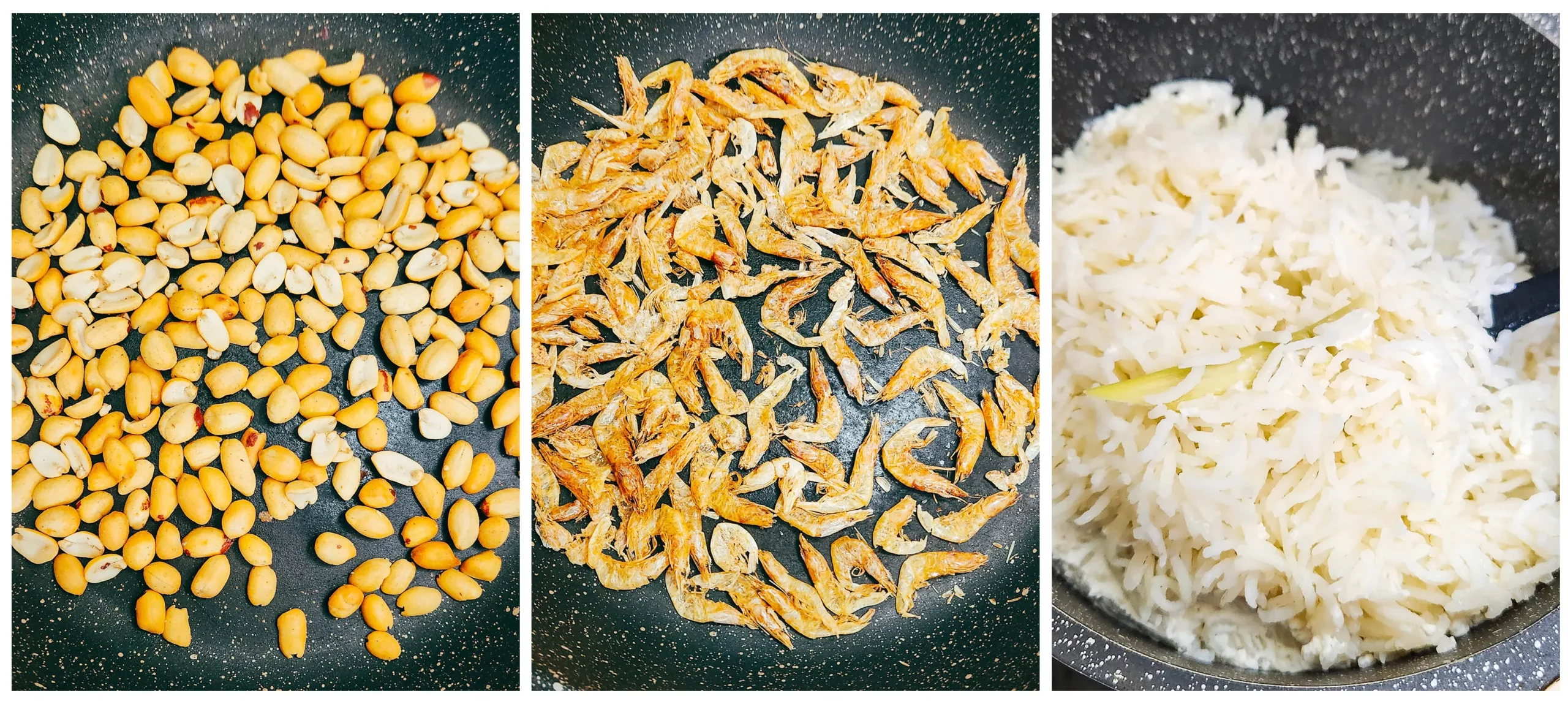 peanuts, dried shrimp and coconut and lemongrass rice in a pan