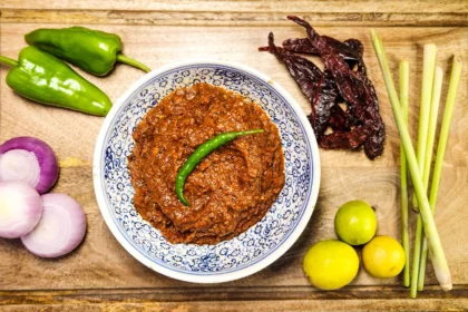 Indonesian sambal terasi in a bowl with ingredients lemongrass, onions, lime, dried red peppers