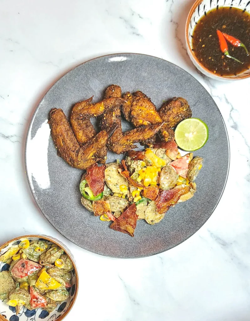 Baked dry rub chicken wings with lime, Japanese fusion potato salad and sweet chilli sauce