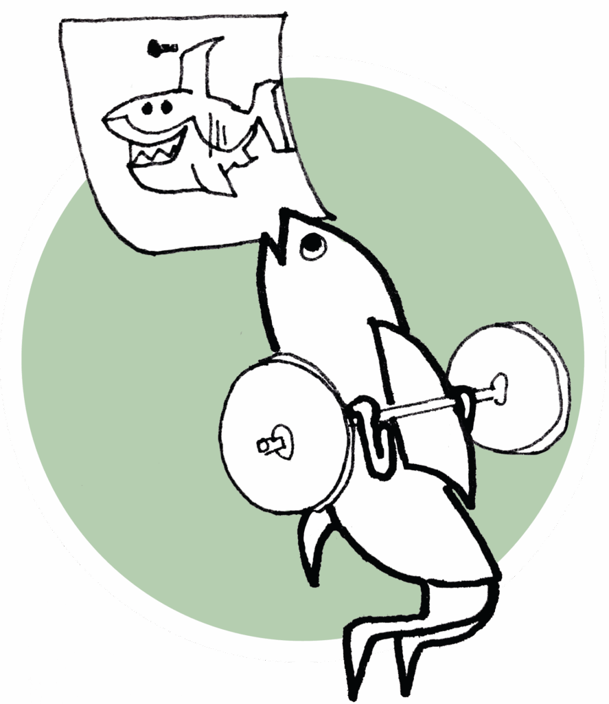 Illustration of a fish weight lifting looking at a poster of a shark