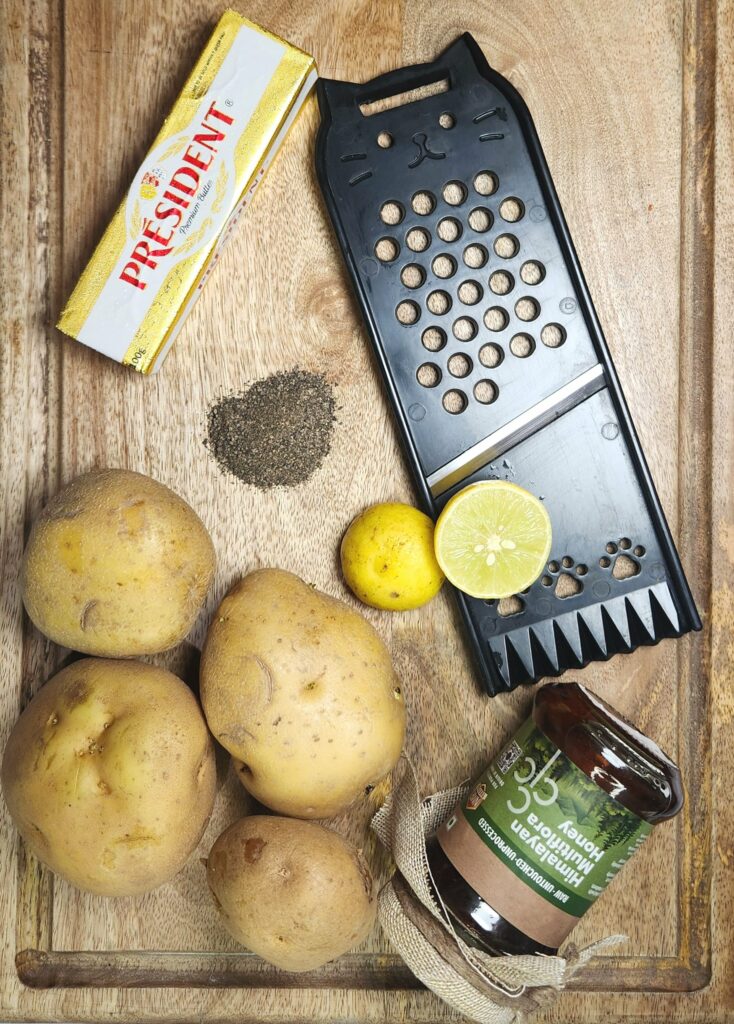 honey butter chips ingredients russet potatoes, lime, butter, pepper, honey and mandoline slicer