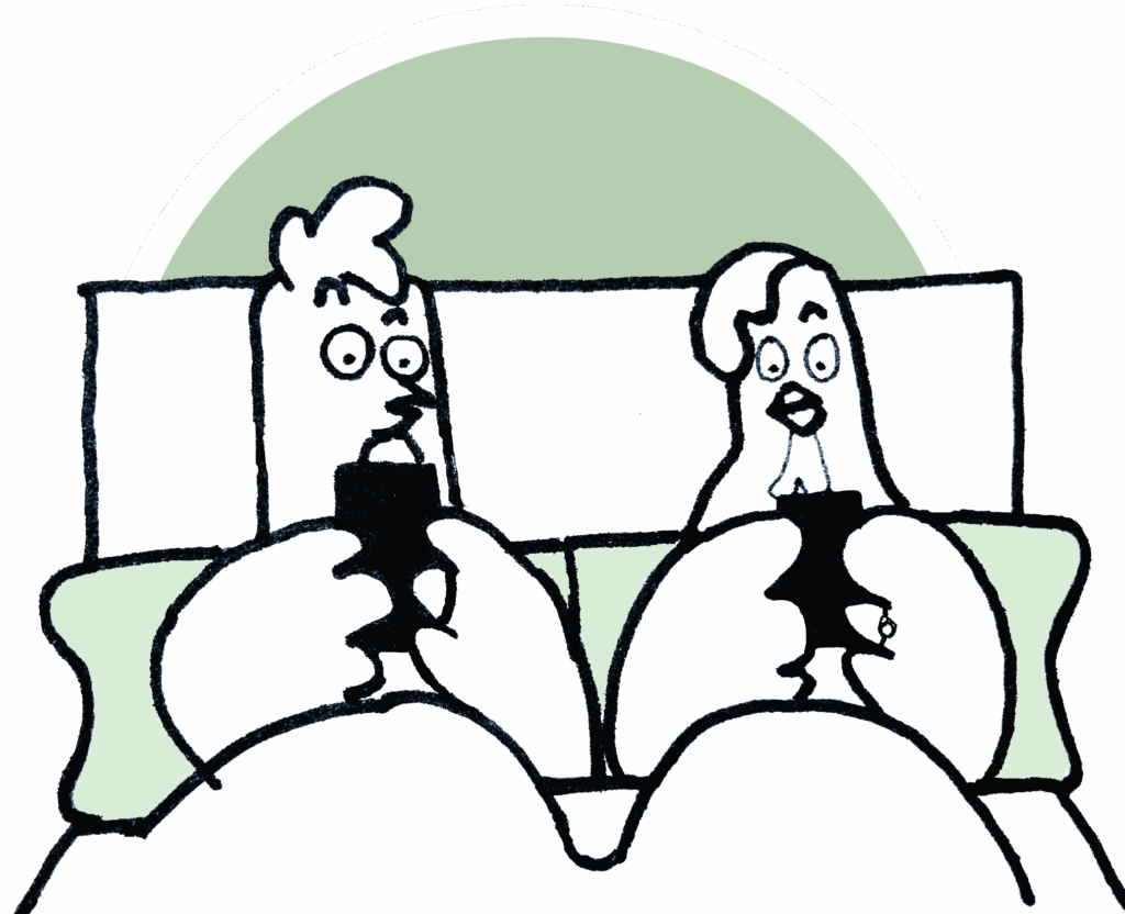 Illustration of two married chickens on their phones in bed