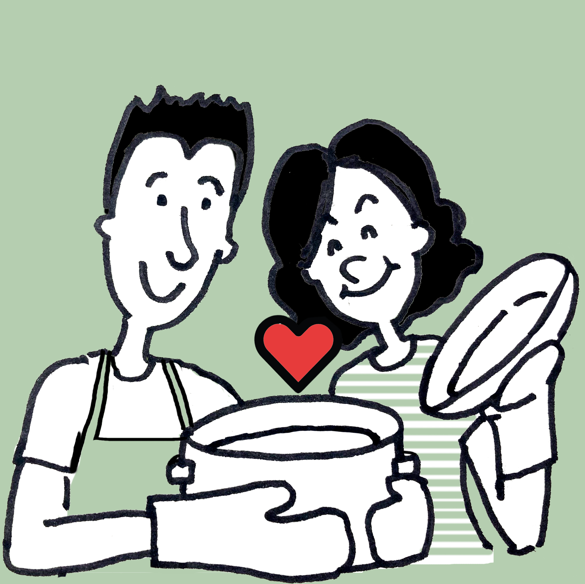 illustration of a man and woman opening a cooking pot and a heart