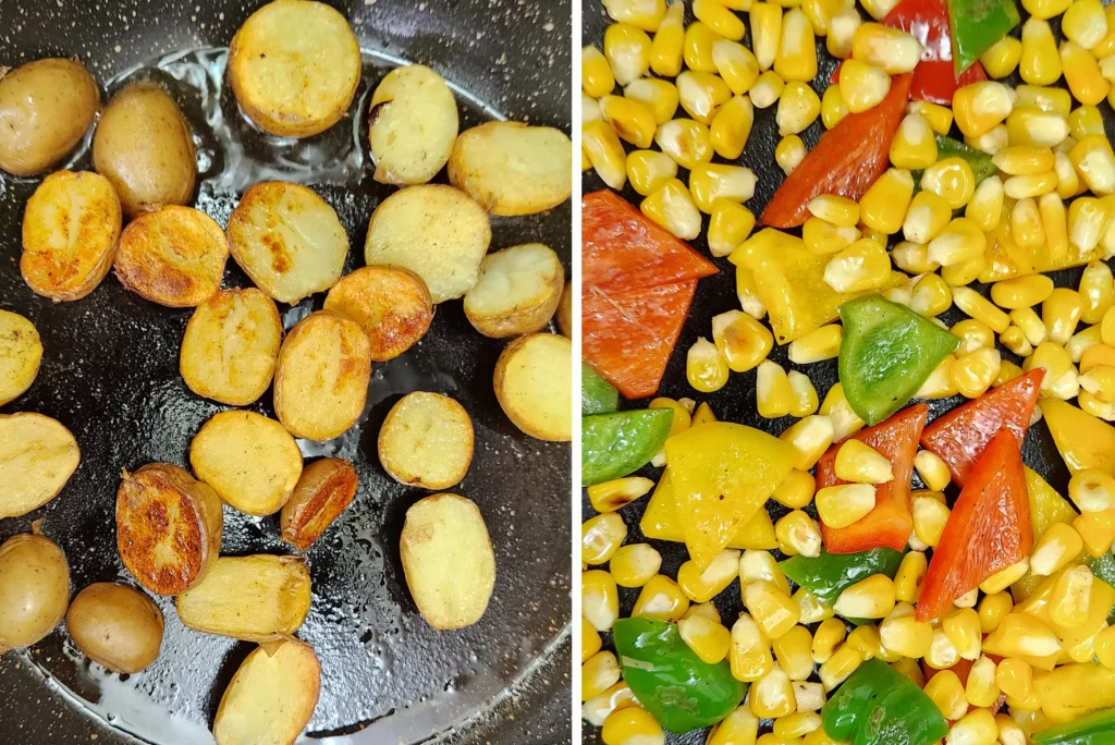 Japanese fusion potato salad ingredients - fried baby potatoes, corn and bell peppers