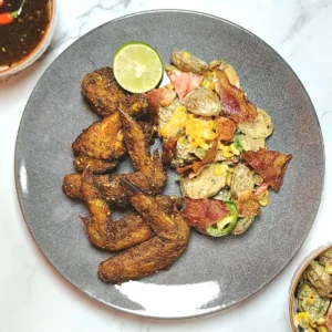 Baked dry rub chicken wings with lime, Japanese fusion potato salad and sweet chilli sauce