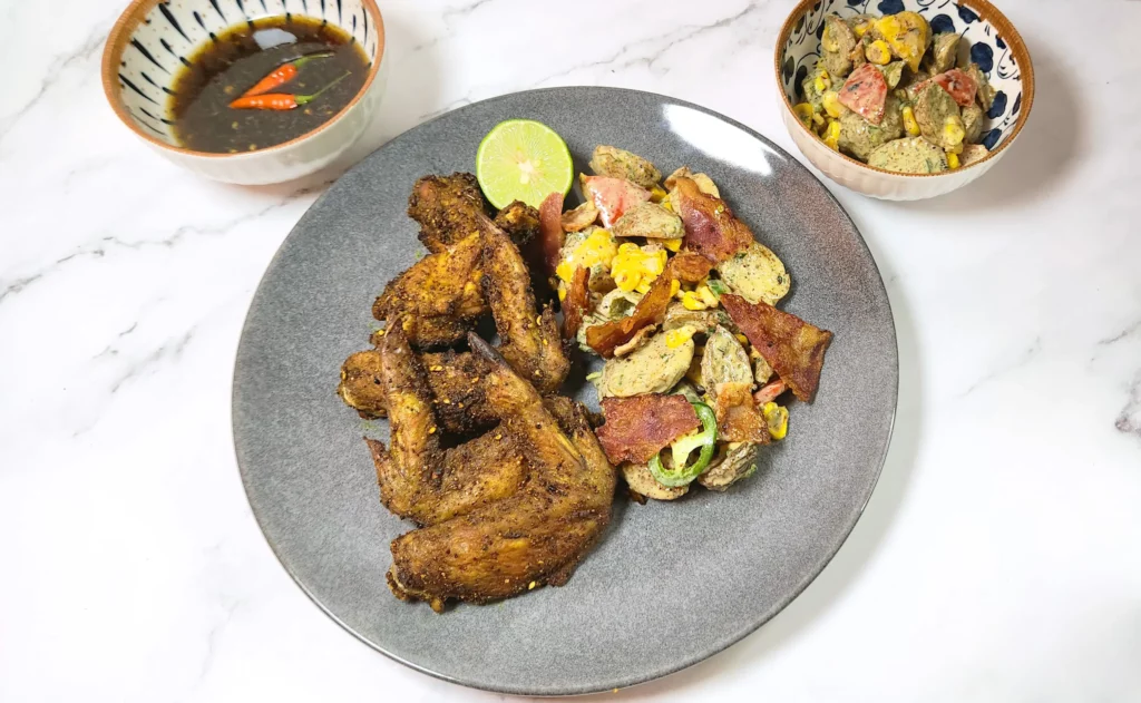 Baked dry rub chicken wings with lime, Japanese fusion potato salad and sweet chilli sauce