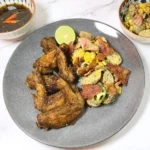 Baked dry rub chicken wings with lime, Japanese fusion potato salad and sweet chilli sauce