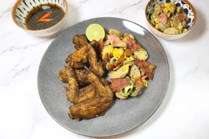 Baked dry rub chicken wings with lime, Japanese fusion potato salad and sweet chilli sauce