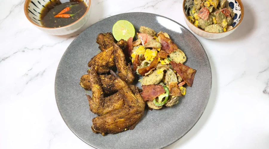 Baked dry rub chicken wings with lime, Japanese fusion potato salad and sweet chilli sauce