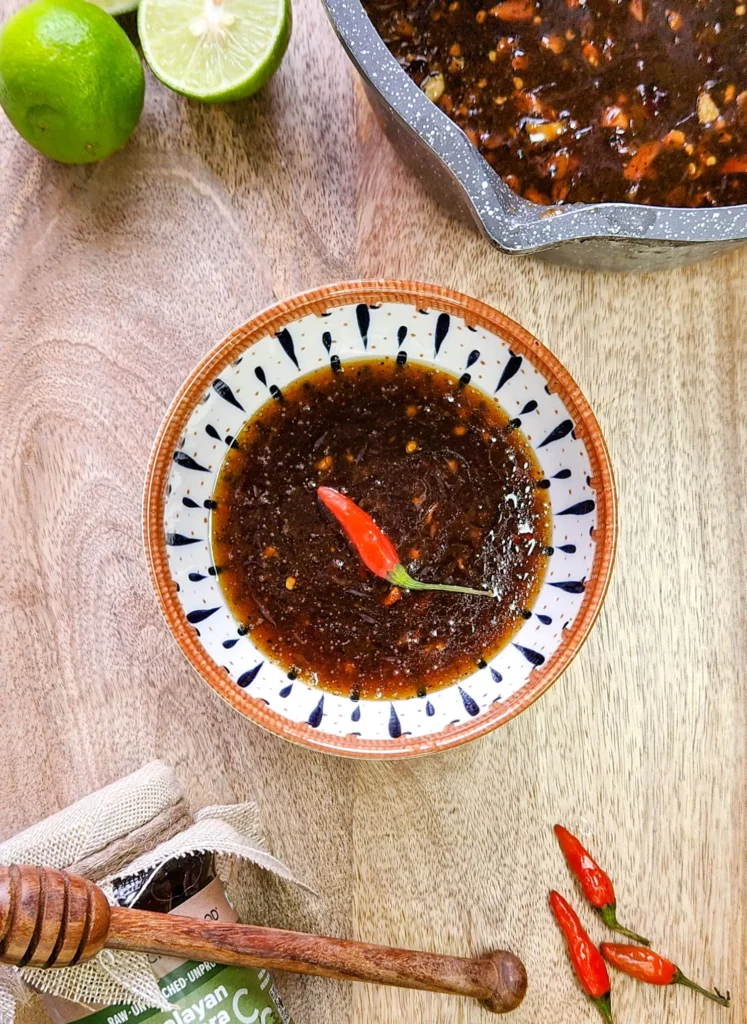 homemade sweet chilli sauce with lime, garlic, red chilli and honey