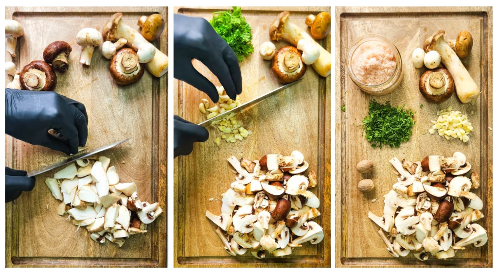 Garlic Butter Mushrooms ingredients - assorted mushrooms, parsley, butter, lime, garlic, black pepper, salt and nutmeg chopped