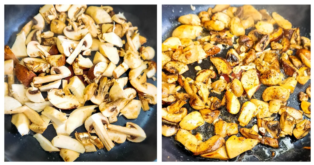 Garlic Butter Mushrooms ingredients - assorted mushrooms, butter, pepper and nutmeg in a frying pan