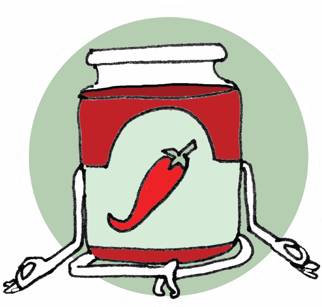 illustration of a chilli sauce jar in a meditation position