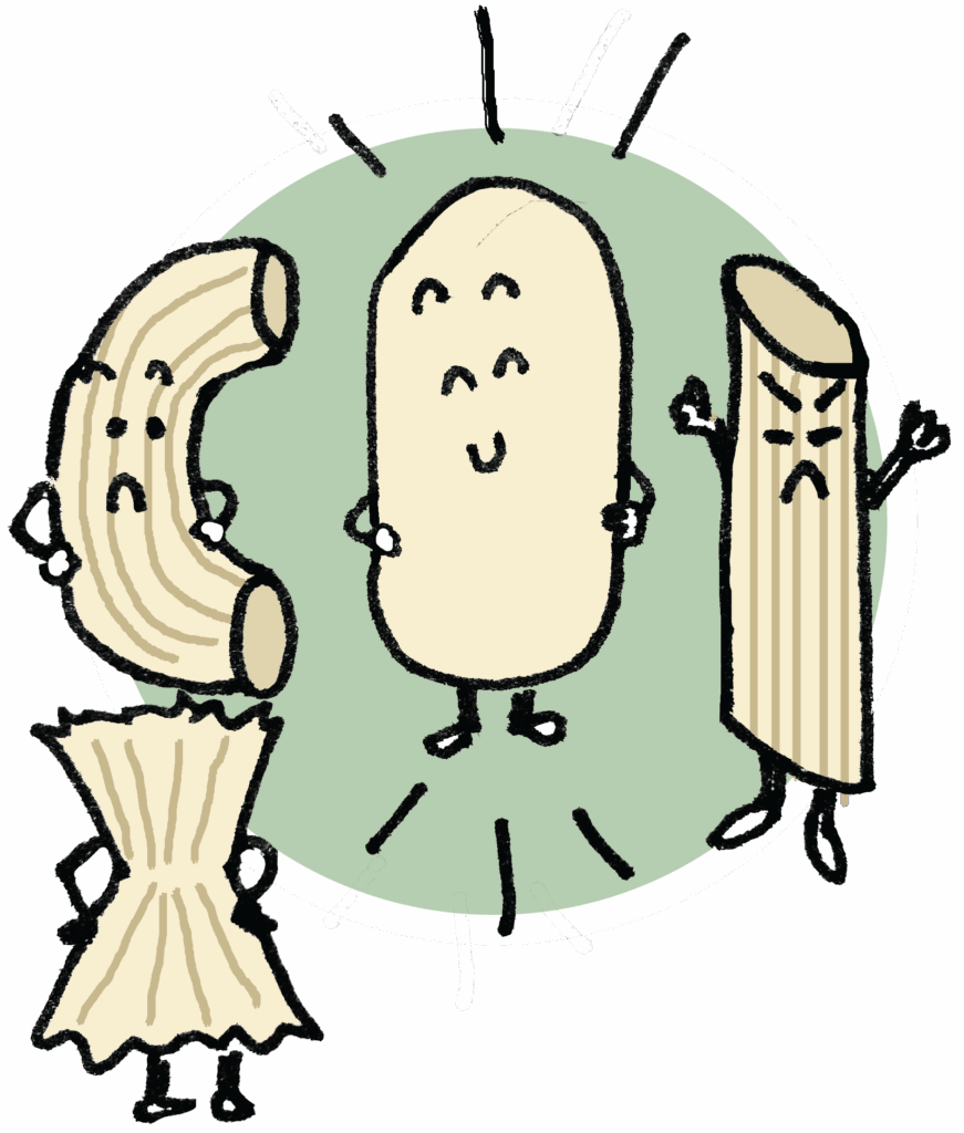 Illustration of a happy gnocchi surrounded by irate pasta shapes