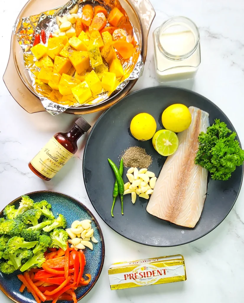 parsley butter grilled fish ingredients - parsley, fish, lime,, garlic pepper, chilli and pumpkin mash and broccoli and peppers ingredients.