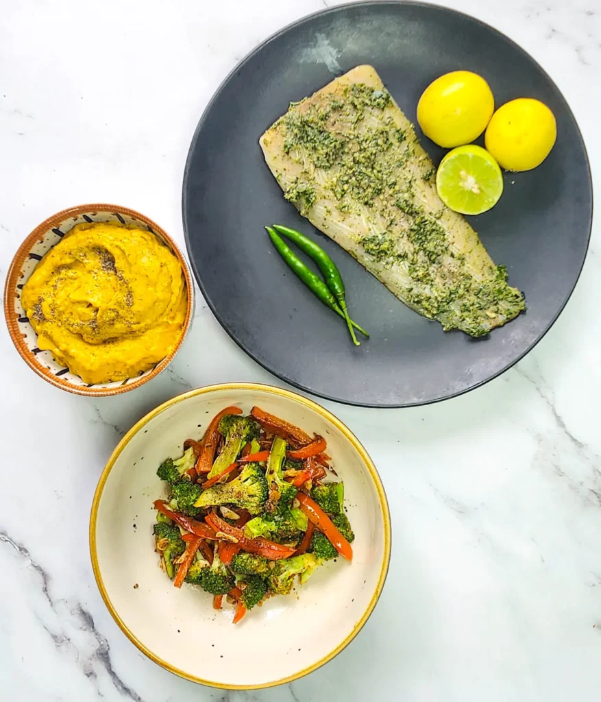 parsley butter grilled fish ingredients - parsley butter marinated fish with chilli and lime. Pumpkin mash and broccoli and peppers on the side.