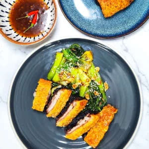 Chinese crispy pork belly with stir fried bok choy and sweet chilli sauce