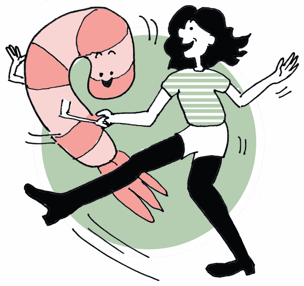 illustration of a girl in a stripey top dancing with a giant prawn with a smiley face