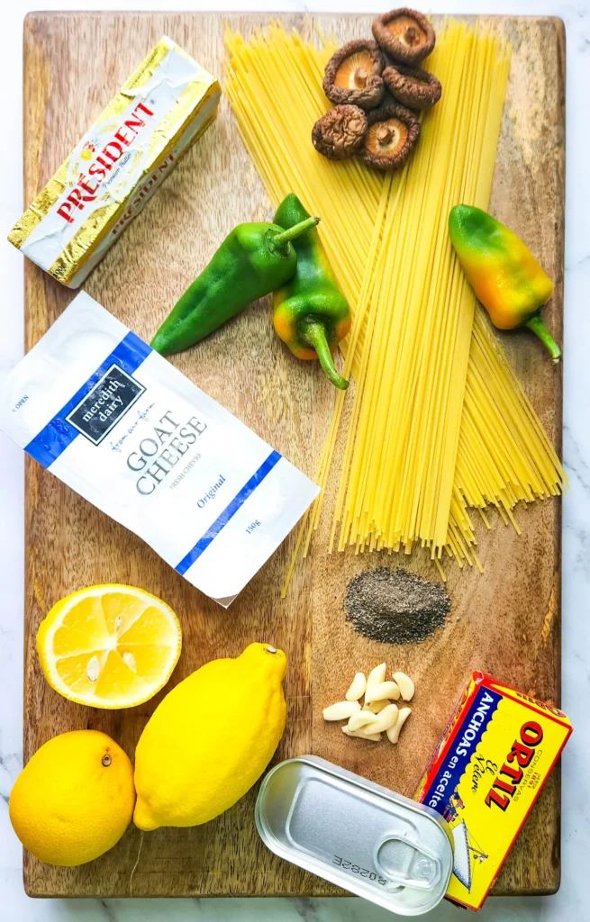 lemon butter linguine ingredients dry linguine, peppers, dried shiitake mushrooms, anchovies, lemons, garlic, goat's cheese