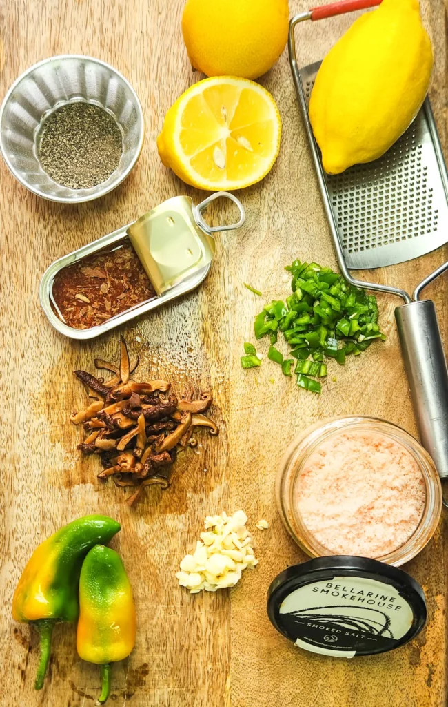 lemon butter linguine ingredients dry linguine, peppers, dried shiitake mushrooms, anchovies, lemons, garlic, goat's cheese