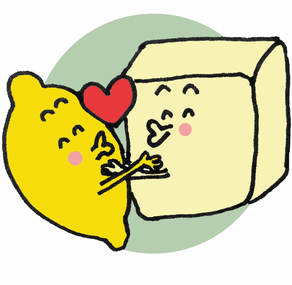 cute illustration of lemon and butter kissing