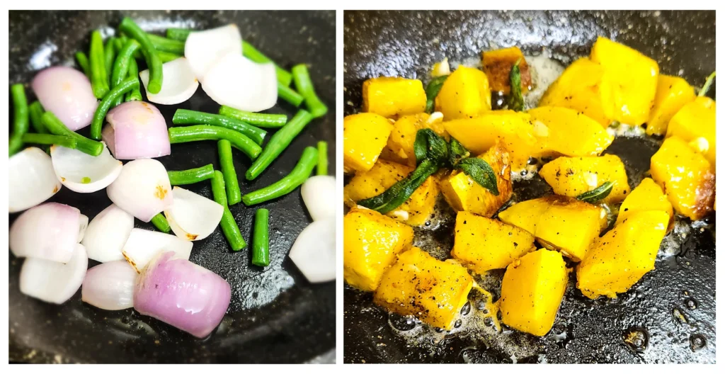 Roasted pumpkin salad ingredients in a pan, beans, onions, roast pumpkin in butter, garlic and sage leaves