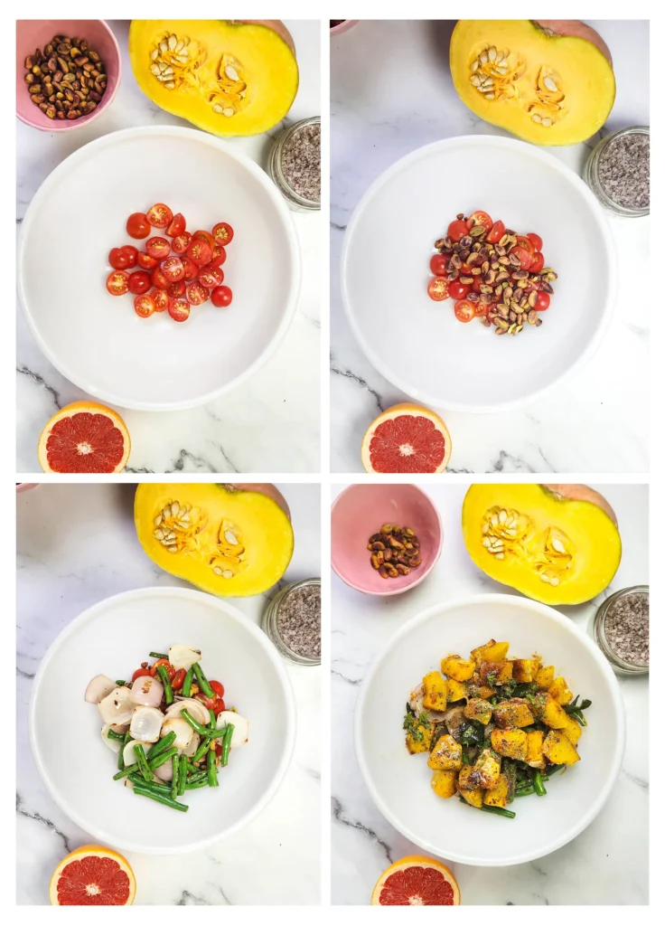 Roasted pumpkin salad ingredients in a bowl, cherry tomatoes, pistachios, beans, onions, roast pumpkin in butter, garlic and sage leaves. Sumac and grapefruit dressing.