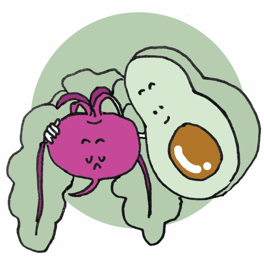 illustration of a sad beetroot being comforted by avocado