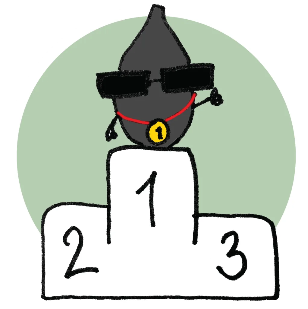 illustration of a black sesame seed wearing a medal on an award podium