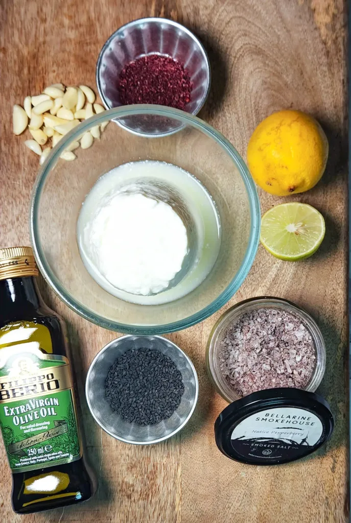 Black Sesame Labneh Dip Recipe ingredients, garlic, yoghurt, lemon, salt black sesame seeds, lemon, sumac and olive oil