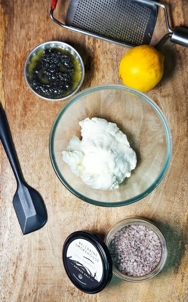 Black Sesame Labneh Dip Recipe ingredients, black sesame paste, lemon, lemon zester, salt, strained Greek yoghurt